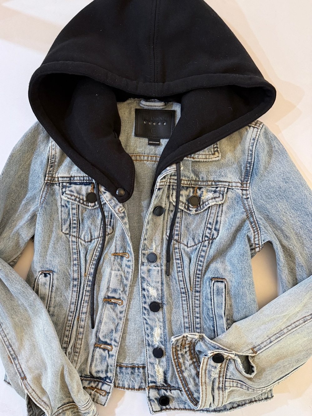 Blank NYC Light Wash Denim Jacket with Black Hood